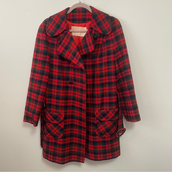 VINTAGE 100% Wool Red Tartan Plaid Pendleton Peacoat w/ Belt Sz M - Picture 4 of 14